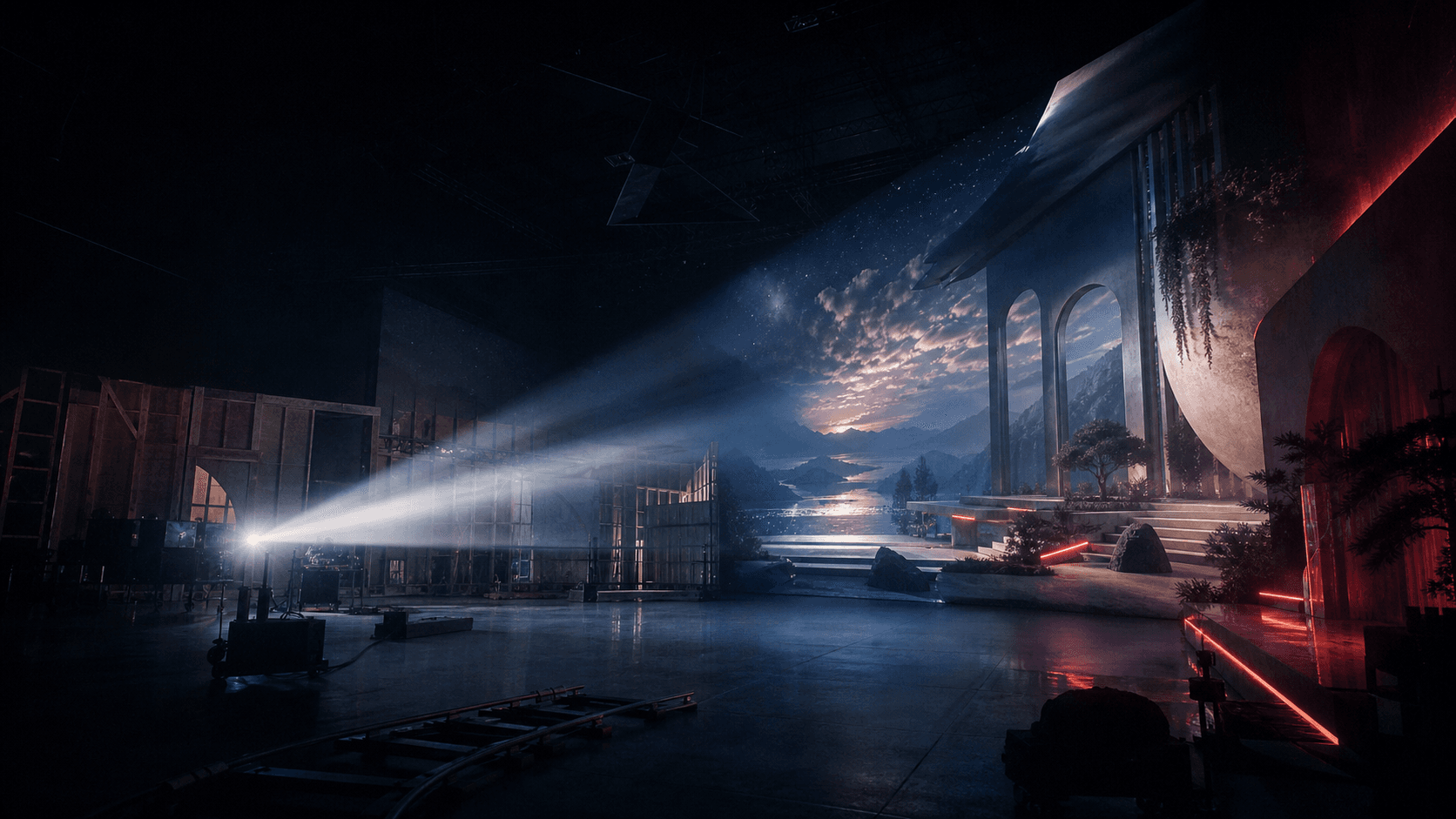 An unfinished film set transforming through projected light into a completed cinematic world